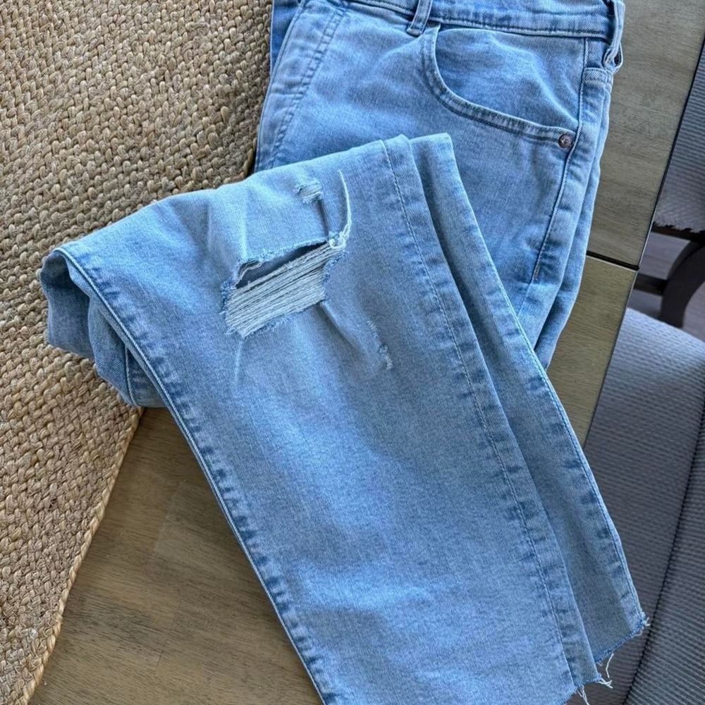 Express Blue distressed mom jeans. Size 14R